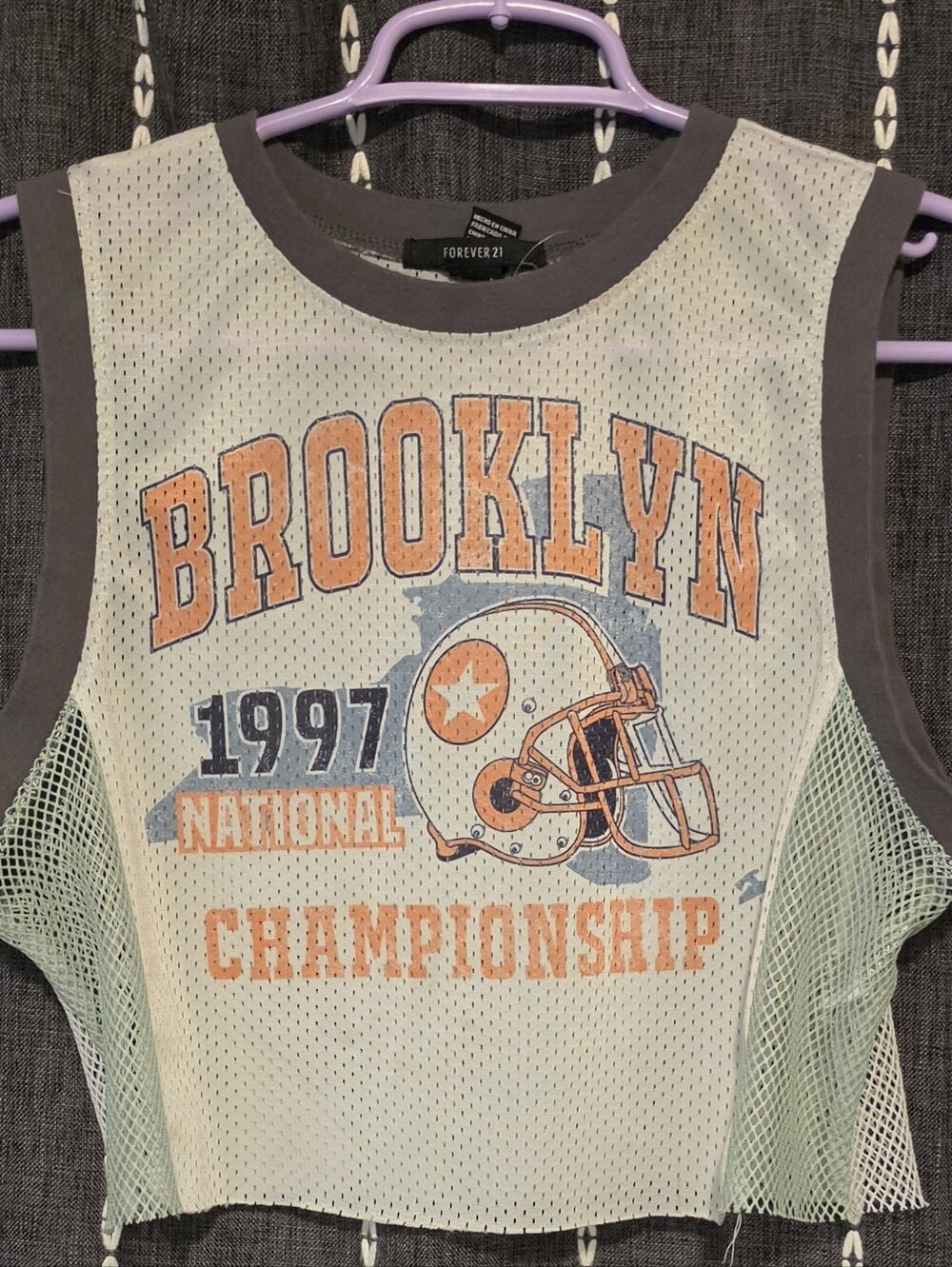 Forever 21 Mint Mesh Brooklyn Graphic Crop Tank with Orange Print